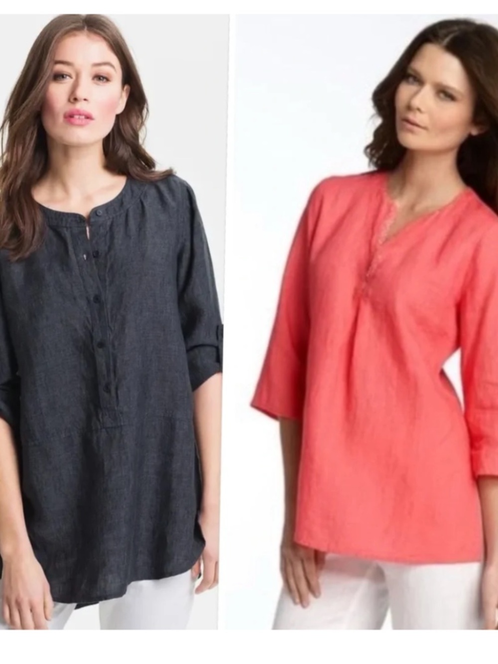 EILEEN FISHER Organic Linen Henley Roll Sleeve Tunic PEONY Micro-striped